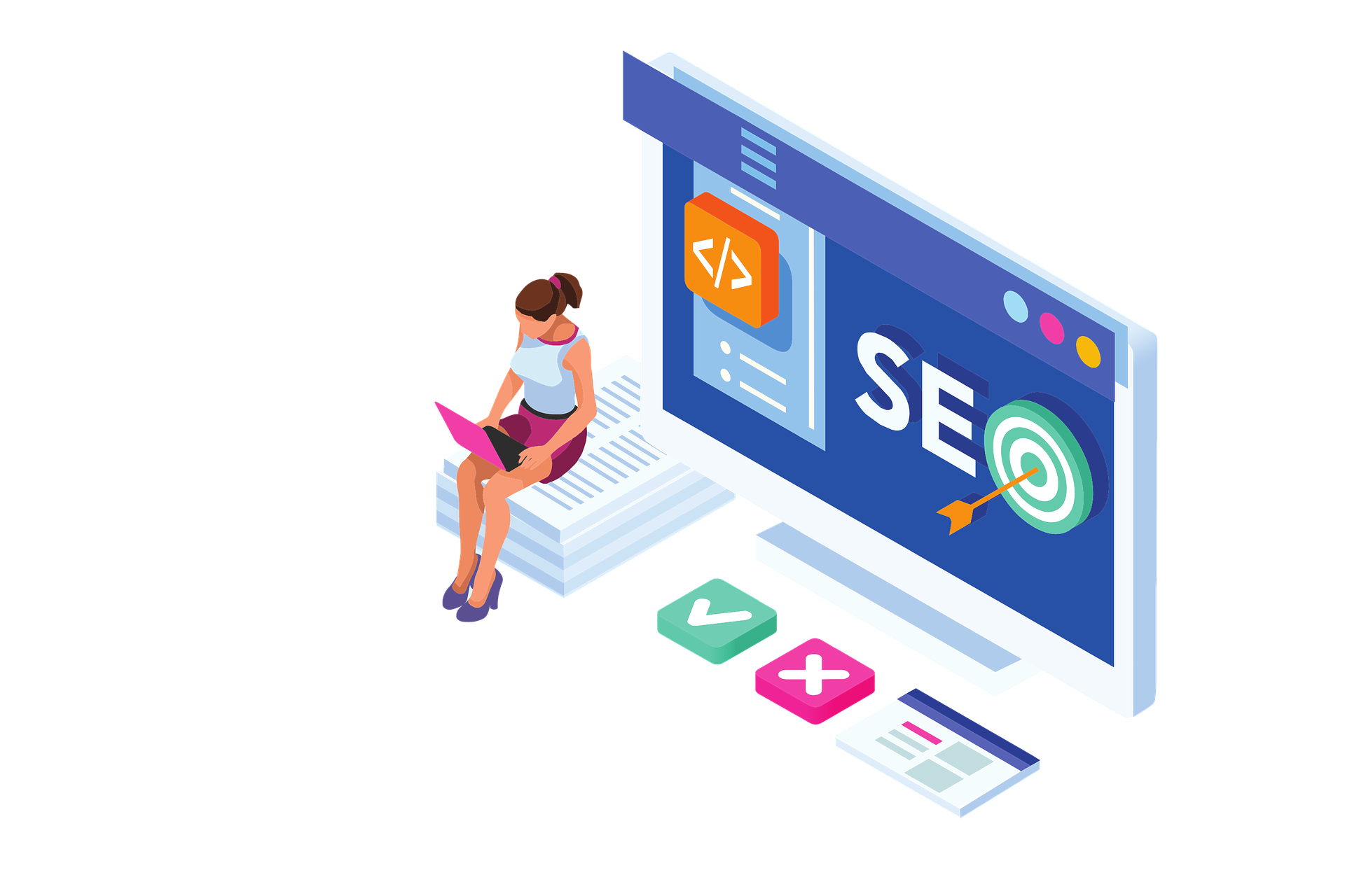 An illustration of a woman working on website SEO